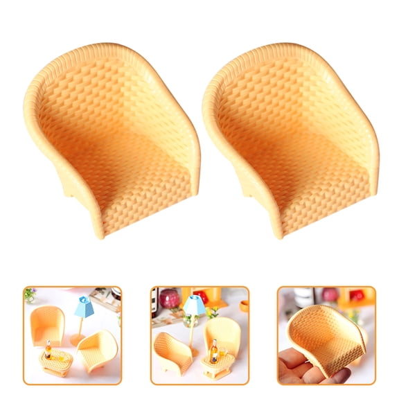 PTOOTP Yellow Plastic Rattan Dollhouse Accessories Miniature Chairs 2pcs Simple Leisure Design
