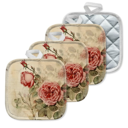 

4 Pack Pot Holders Kitchen Essential Potholder Set Vintage Style Rose Illustration With A Butterfly