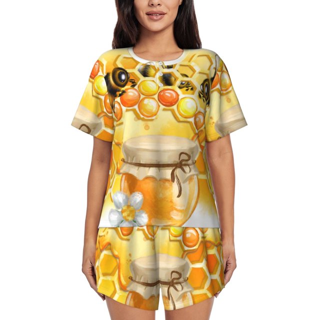 Fotbe Honey Bee Conjunto de Pijama Estampado para Mujer, 2 Piezas, Ropa de Dormir con Camiseta de Manga Corta y Shorts Suaves-Large