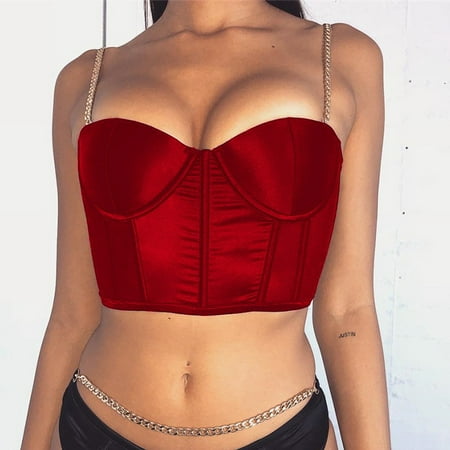 

QWANG Summer Crop Top Sexy Women Satin Bustier Top Chain Strap Casual Padded Lingerie