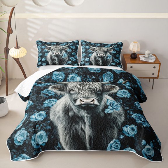 jejeloiu Blue Rose Highland Cow Twin Quilt Set Kids,Floral Farm Print Twin Coverlet Set,2pcs