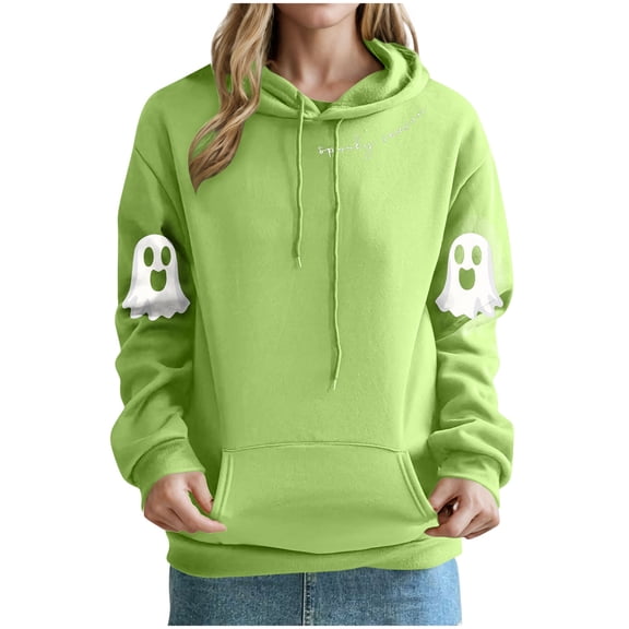 Women's Graphic Hoodies Loose Ghost Halloween Hoodie Sweatshirts with Pocket Long Sleeve Funny Cute Pullover Shirts Green, M
