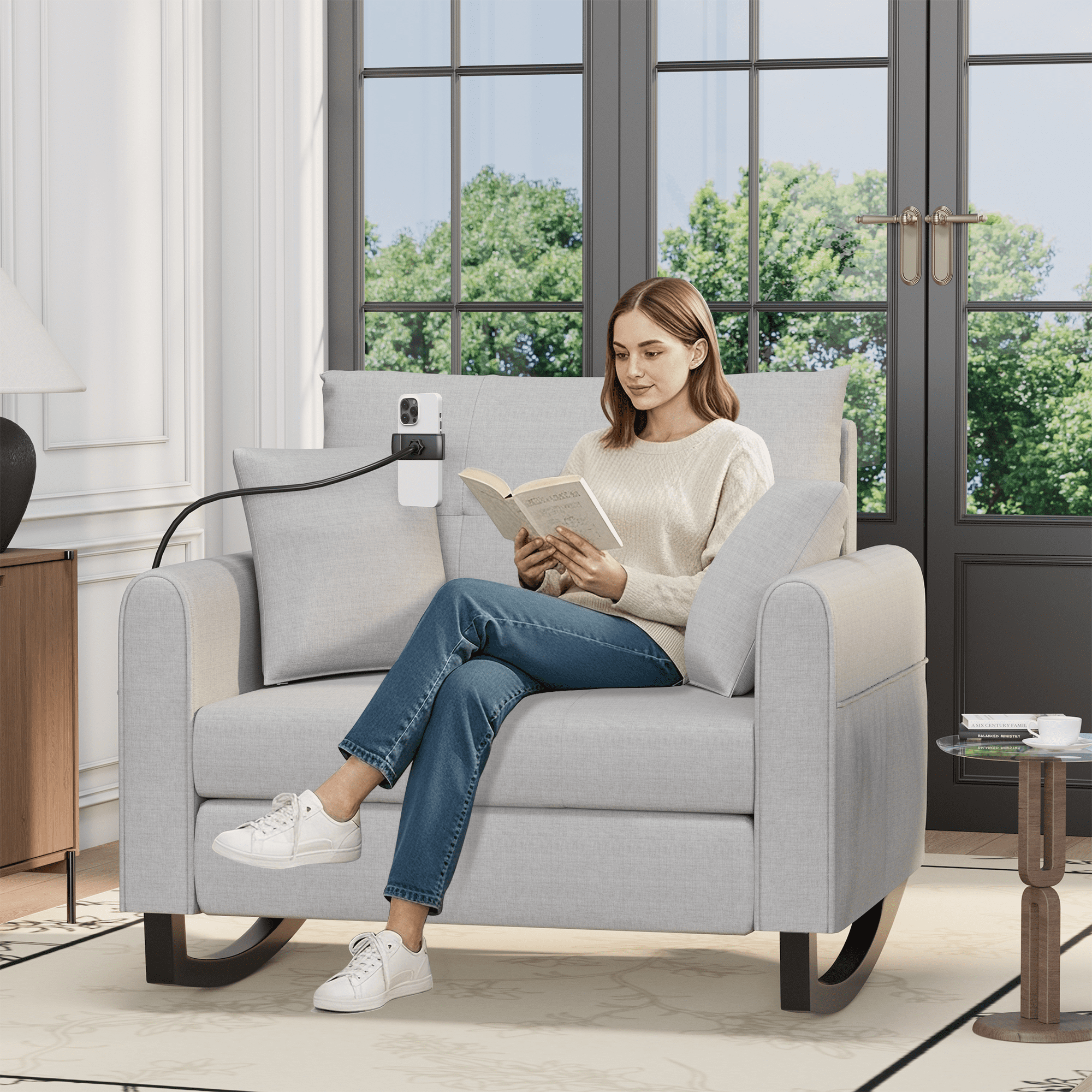 Upholstered Nursery Rocking Chair with Adjustable Phone Handle, High Back and Side Pocket USB Port, Double Wide Rocker Glider Chairs with Wood Legs for Living Room, Bedroom, Nursery, Gray