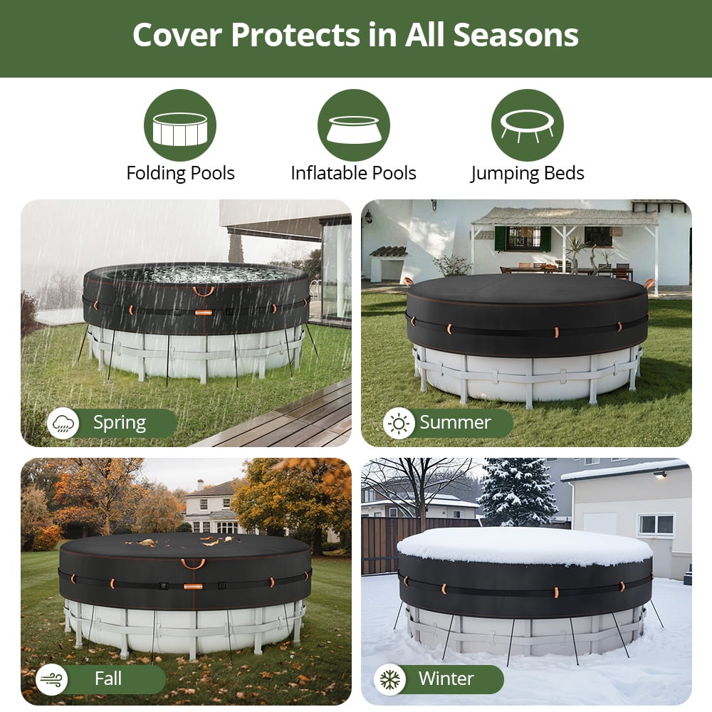 18 Ft Round Pool Cover with Reflective Strips, Swimming Pool Cover for Above Ground Pools, Solar Cover Including Rope Tie and Luminous Ground Nails, PU Tarp Snug Fit for UV Protected