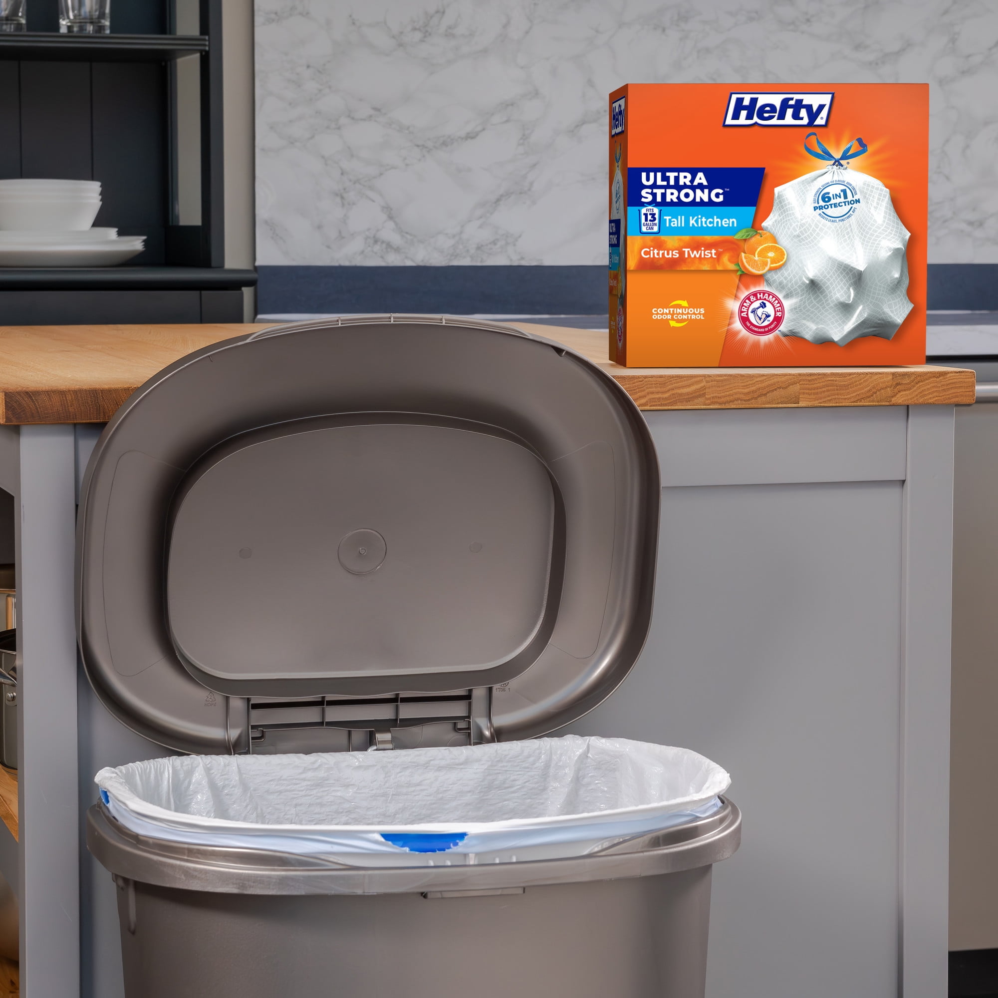 (2 pack) Hefty Ultra Strong 13 Gallon Trash Bags, Tall Kitchen Trash Bags, White, Citrus Twist, 120 Bags