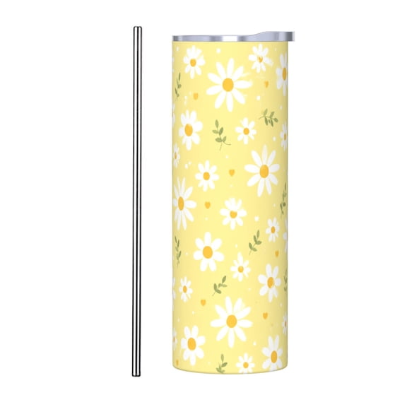 20oz Yellow Daisy Floral Tumbler with Handle and Straw Insulated Travel Coffee Cup Gift with Stainless Steel Straw