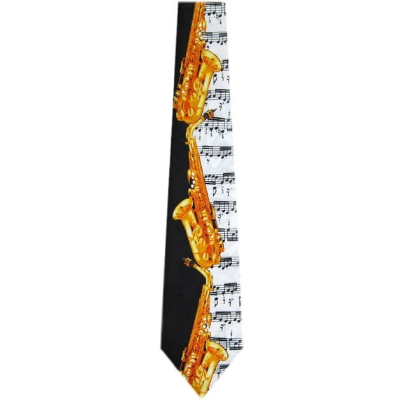 BuyYourTies - Mens Novelty Saxophone Necktie - Black White Gold