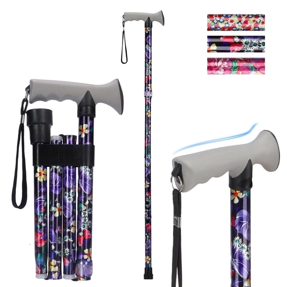 SupreGear Folding Aluminum Walking Cane with Soft T Handle, Adjustable Height Lightweight Mobility Aid with Rubber Tip for Seniors, Black Floral Large