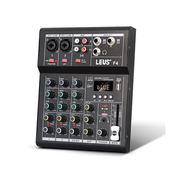 F4 Mixing Console Interface Bluetooth USB Record PC 48V Phantom Power Delay Repaeat Effect 4 Channels DJ Sound Mixer ,Easy to Operate