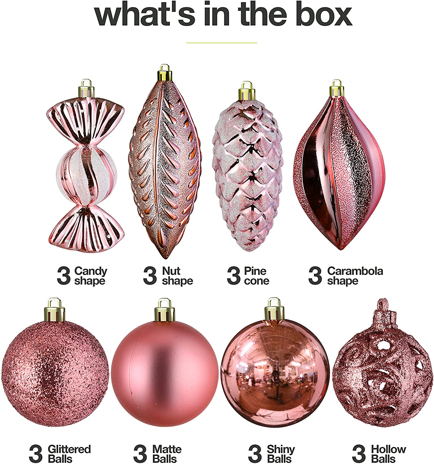 Rose Gold Christmas Ball Ornaments for Christmas Decorations - 24 Pieces Xmas Tree Shatterproof Ornaments with Hanging Loop for Holiday and Party Decoration (Combo of 8 Ball and Shaped Styles) - image 2 of 7