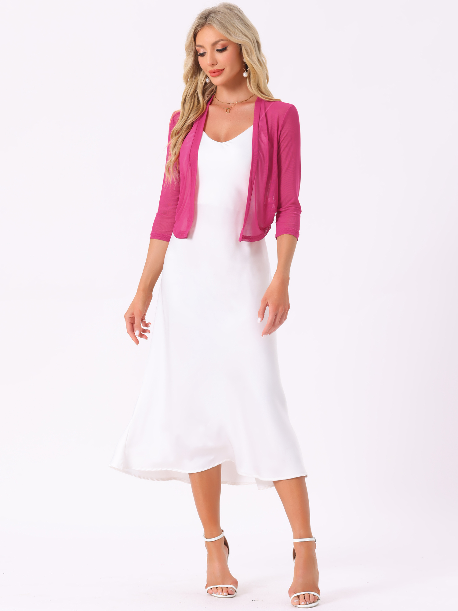 DARING DIVA Elegant Women's 3/4 Sleeve Sheer Mesh Cardigan Dresses S Fuchsia
