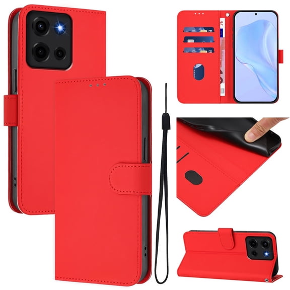 Wallet Case Compatible for Motorola Moto G Play 2026, PU Leather Magnetic Closure Protective Flip Folio Case with 3 Card Holder and Wrist Strap Cover Women Men,Red,For Moto G Play 2026