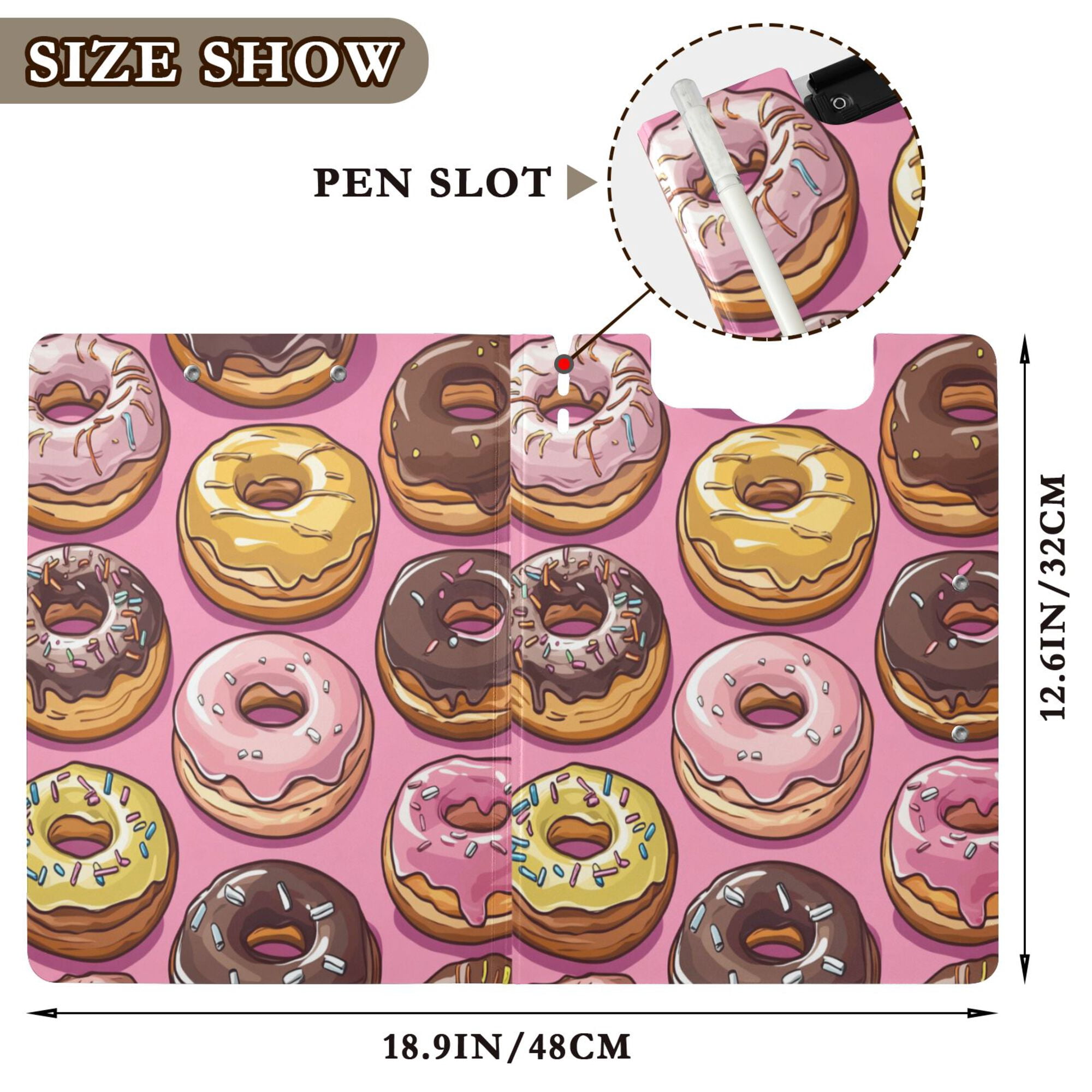 FORMRS A4 Clipboard Folder with Pen Holder Horizontal Foldable School Office Binder, Cute Doughnuts Pattern