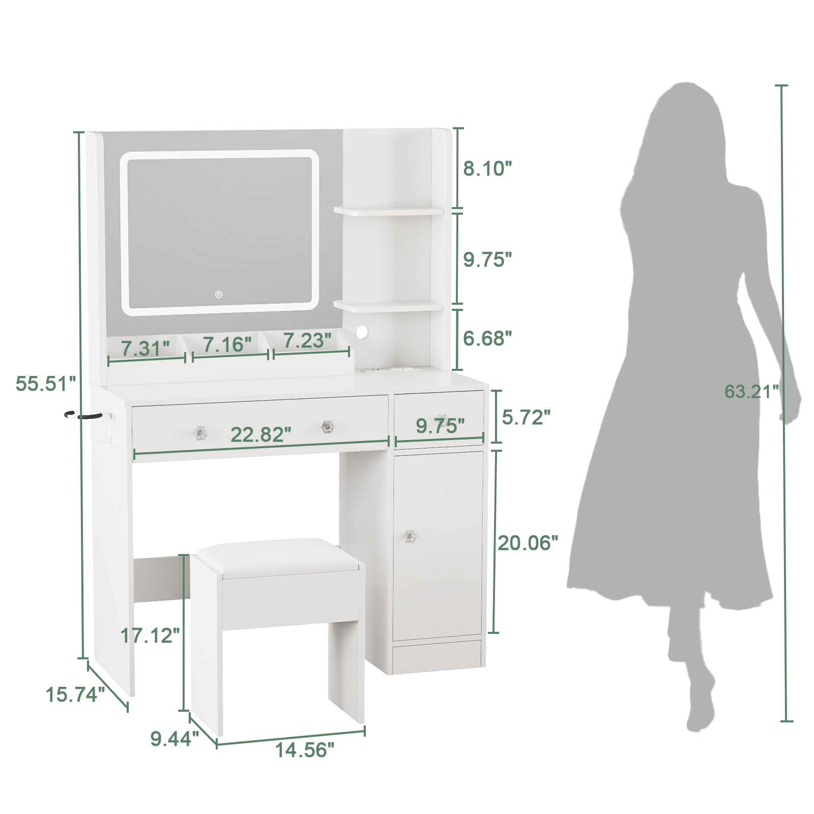 Tydimor Vanity Set with Mirror & Lights, Women Makeup Table with Charging Station, Sturdy Dressing Desk with Drawers & Stool