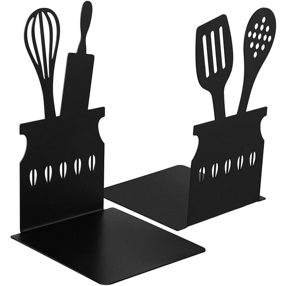 ABCISI Bookends for Shelves, Black Kitchen Bookends with Spoon Decorative, Metal Cookbook Storage Books Stoppers 5.9 x 3.9 x 3.9 Inch