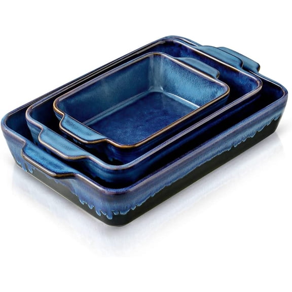 Bakeware Set, Ceramic Baking Dish, Rectangular Casserole Dish, Lasagna Pan, Baking Pans for Cooking, Cake Dinner, Kitchen, 9 x 13 Inches, Reactive Glaze 3-Piece (Nebula Blue)