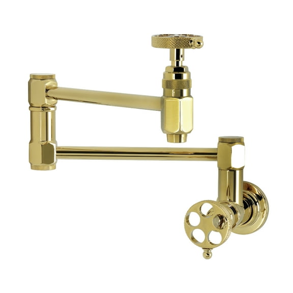 Kingston Brass KS5102RKX Webb Two-Handle 1-Hole Wall Mount Pot Filler Faucet with Knurled Handle in Polished Brass