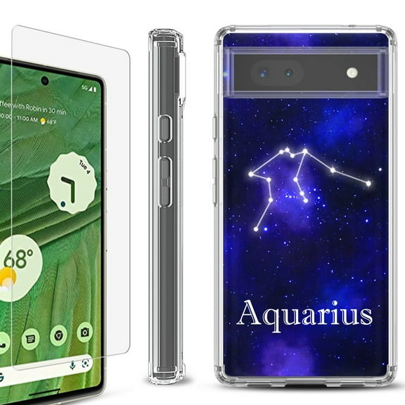 Shockproof Bumper Phone Case for Google Pixel 6a, with Tempered Glass Screen Protector, by OneToughShield ® - Aquarius