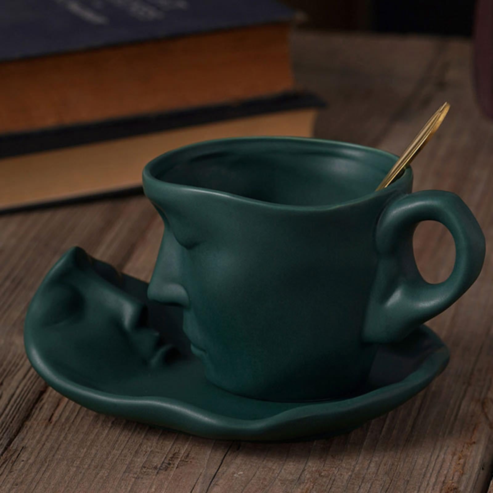 Fiocias 3D Human Face Kissing Mug with Spoons and Human Face Coaster Espresso Mugs 260ml Green