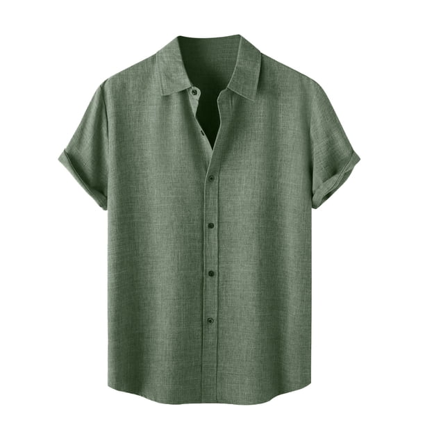 Men's Spring Summer Casual Linen Solid Color Short Sleeve Shirt Loose Turn-down Collar Shirt2XL