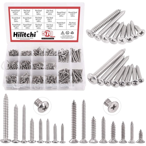 Hilitchi Kit d'Assortiment de Vis Autotaraudeuses Rondes en Acier Inoxydable 570 Pcs m 3 4 5 6