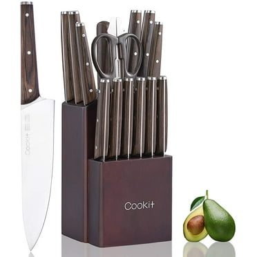 Knife Sets for Kitchen, 15 Piece Kitchen Knife Sets with Block, German Stainless Steel Knives Set, Wood Handle with Manual Sharpener, 6 Serrated Steak Knives