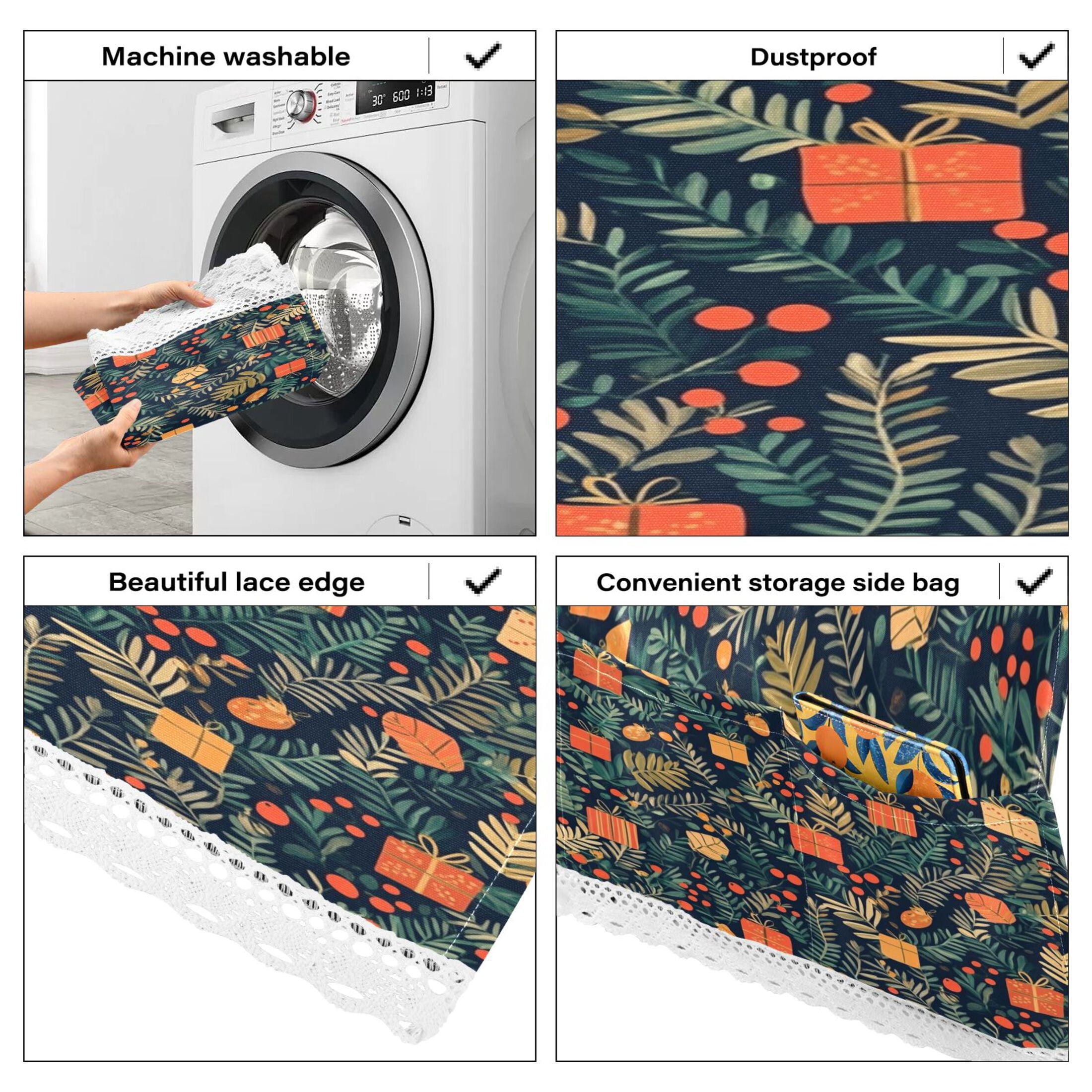 Christmas Present PatternWasher and Dryer Covers Dust-Proof and Oil Resistant Fridge Cover with 4 Storage Pockets Washing Machine Top Cover for Laundry Kitchen Home 51.2 x 22 In