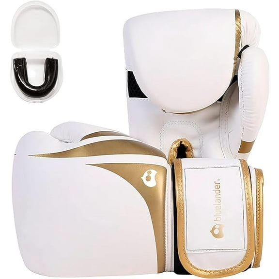 Guantes de Box 10 Oz, Blanco/Dorado, con Protector Bucal Bluelander BOX-M1-10-BlancoDorado