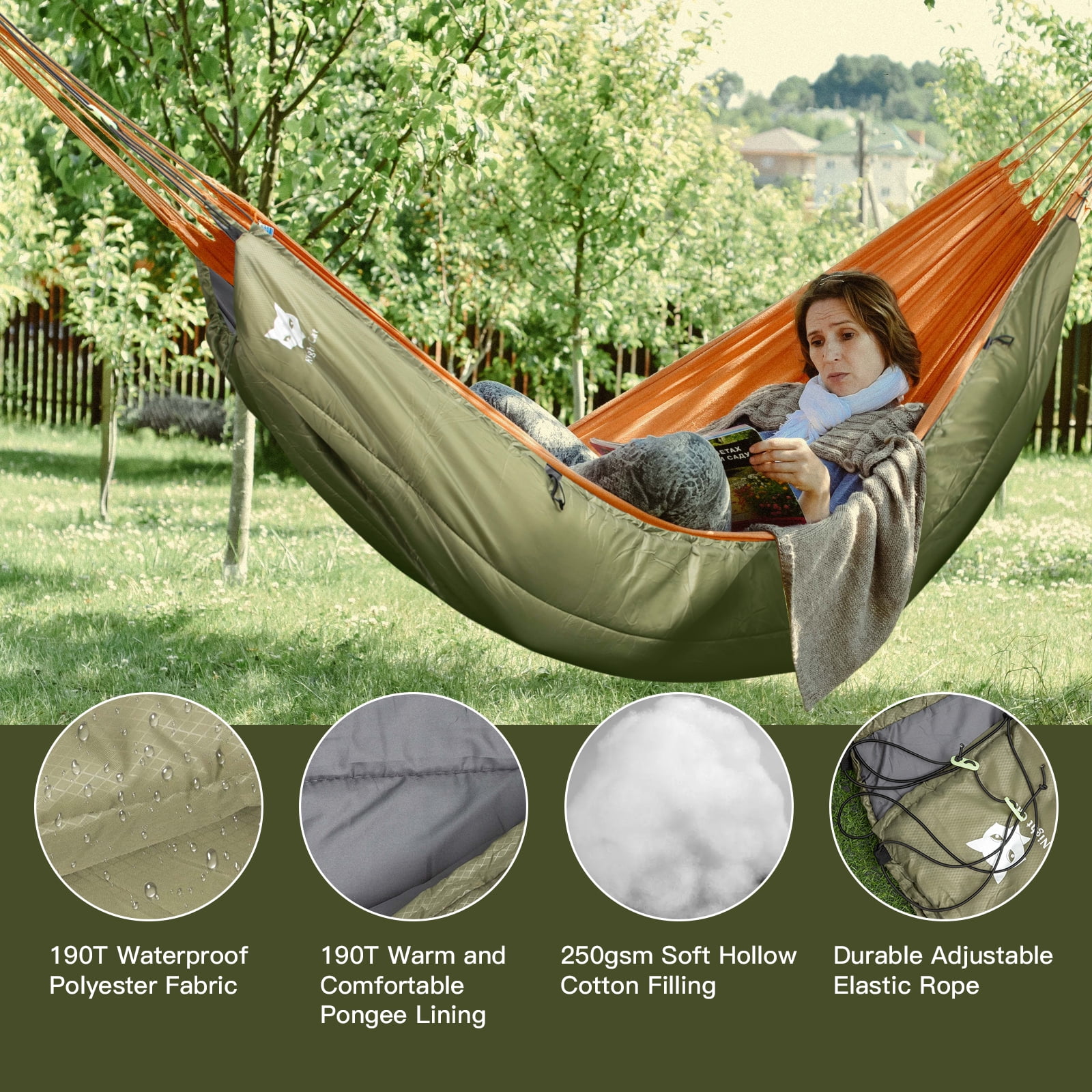 Night Cat Single 1 - Person Camping Hammock, Green