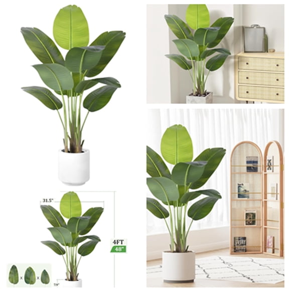 Artificial Bird of Paradise Plant 4Ft Tall Fake Tropical Palm Tree Large Fake Plants with 9 Silk Banana Leaves Faux Plant Indoor Decor Trees with White Pot for Home Bedroom Living Room Office