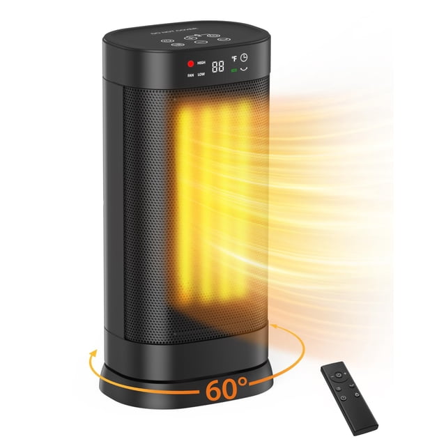 calentador de espacio de 1500 w portátil Pereysi con PTC cerámico y termostato digital; vista frontal 3/4 de carcasa negra perforada, pantalla LED y botones táctiles en la parte superior, radiación naranja simulada y oscilación de 60°; incluye control remoto. Para interiores y oficina (hasta 200 pies cuadrados); también suele usarse para calentar áreas de trabajo pequeñas.
