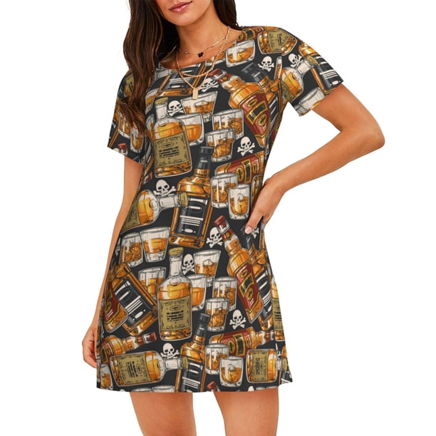 Fotbe Vintage Bottles Bata de Dormir para Mujer con Estampado, Camisón de Algodón de Manga Corta, Ropa de Dormir Casual