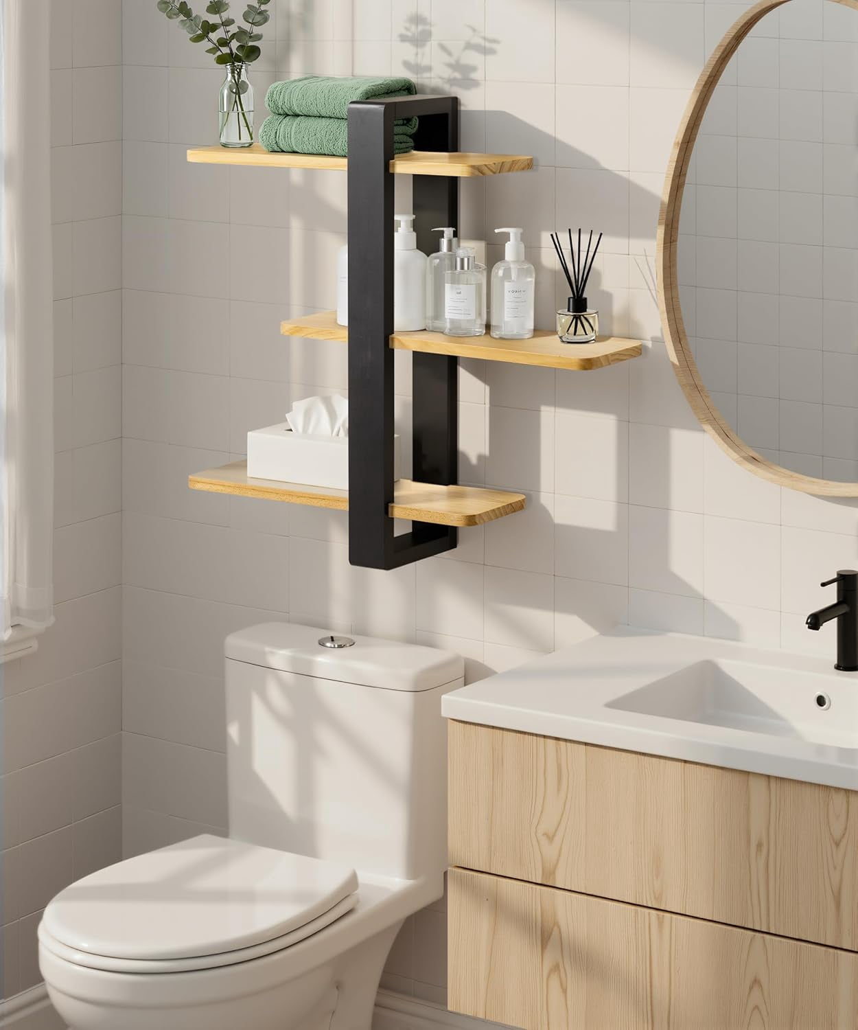 Gronda Adjustable Floating Shelves for Wall 3 Tier Wood Shelf for Bathroom, Bedroom, Living Room, Easy Install, Nature Black Decor Storage Shelf, 20in