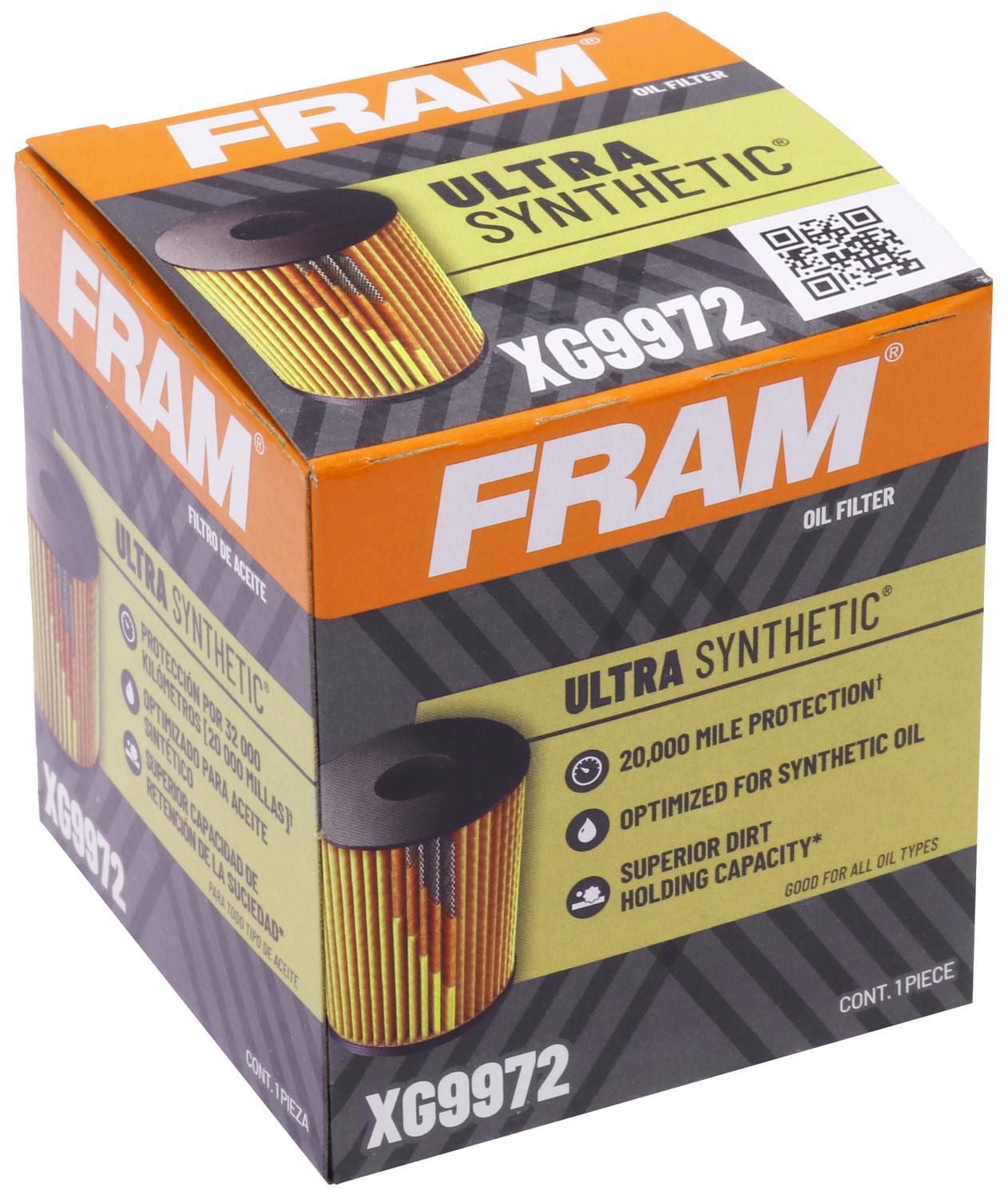 FRAM® Ultra Synthetic™ XG9972 Oil Filter, Dual layered, synthetic and cellulose media is reinforced with a metal screen for longer drain intervals and 99% dirt-trapping efficiency