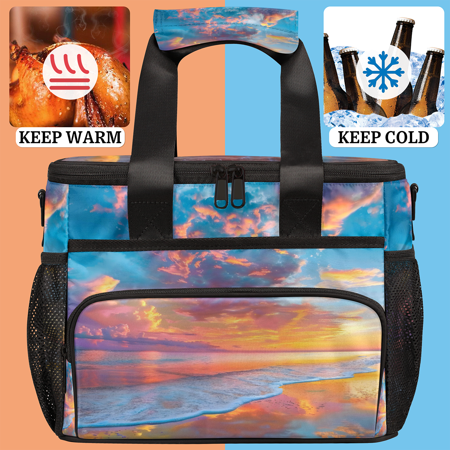 Herdesigns Hawaiian Beach Themed Large Lunch Box for Adults Women Men with Adjustable Shoulder Strap, Insulated Reusable Lunch Bag Leakproof Cooler Tote Bag