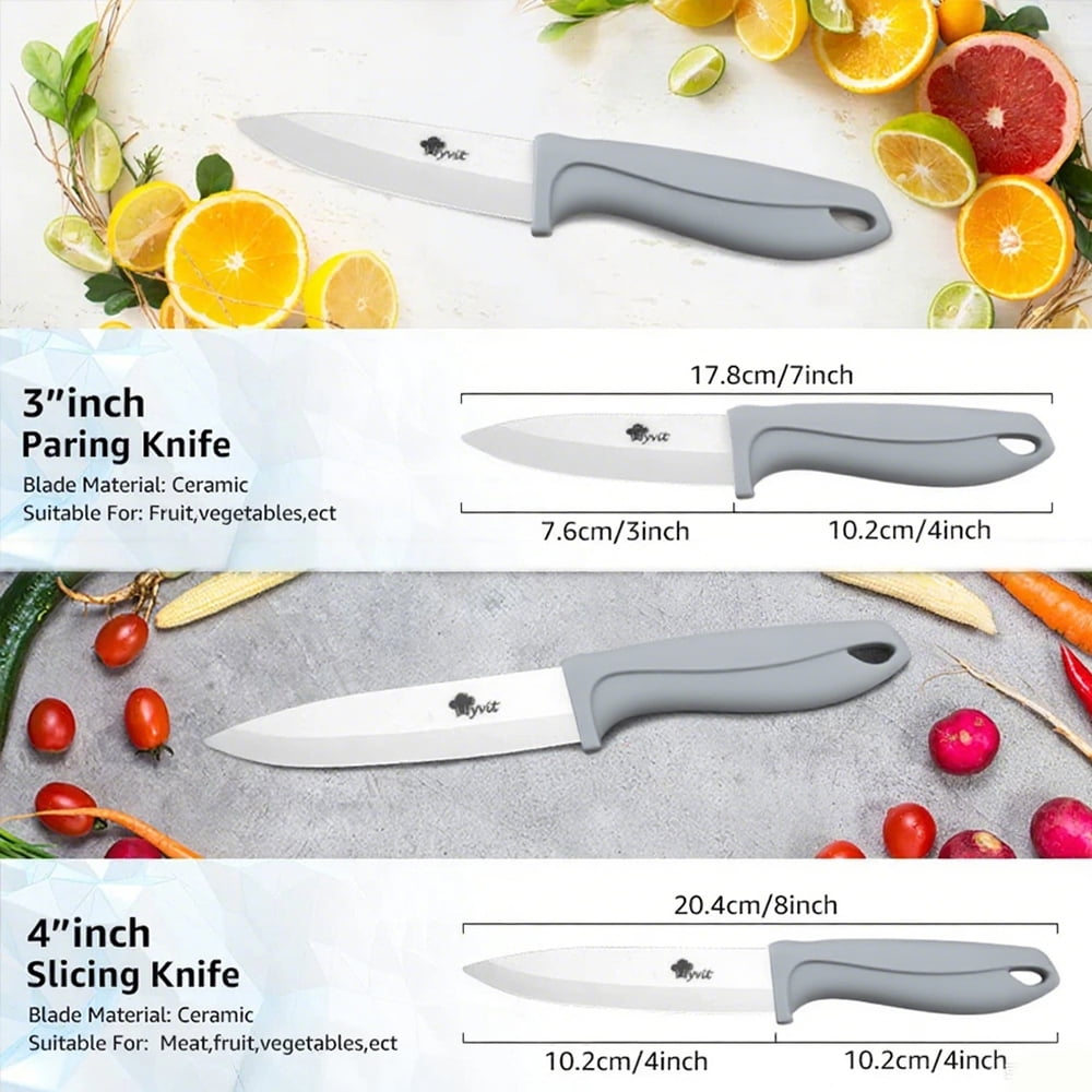 Myvit Ceramic Knives Set for Kitchen,11-Piece Chef Vegetable Fruit Paring Knifes with Cover, 6" Serrated Fruit Peeler,6",5",4",3" in Gray