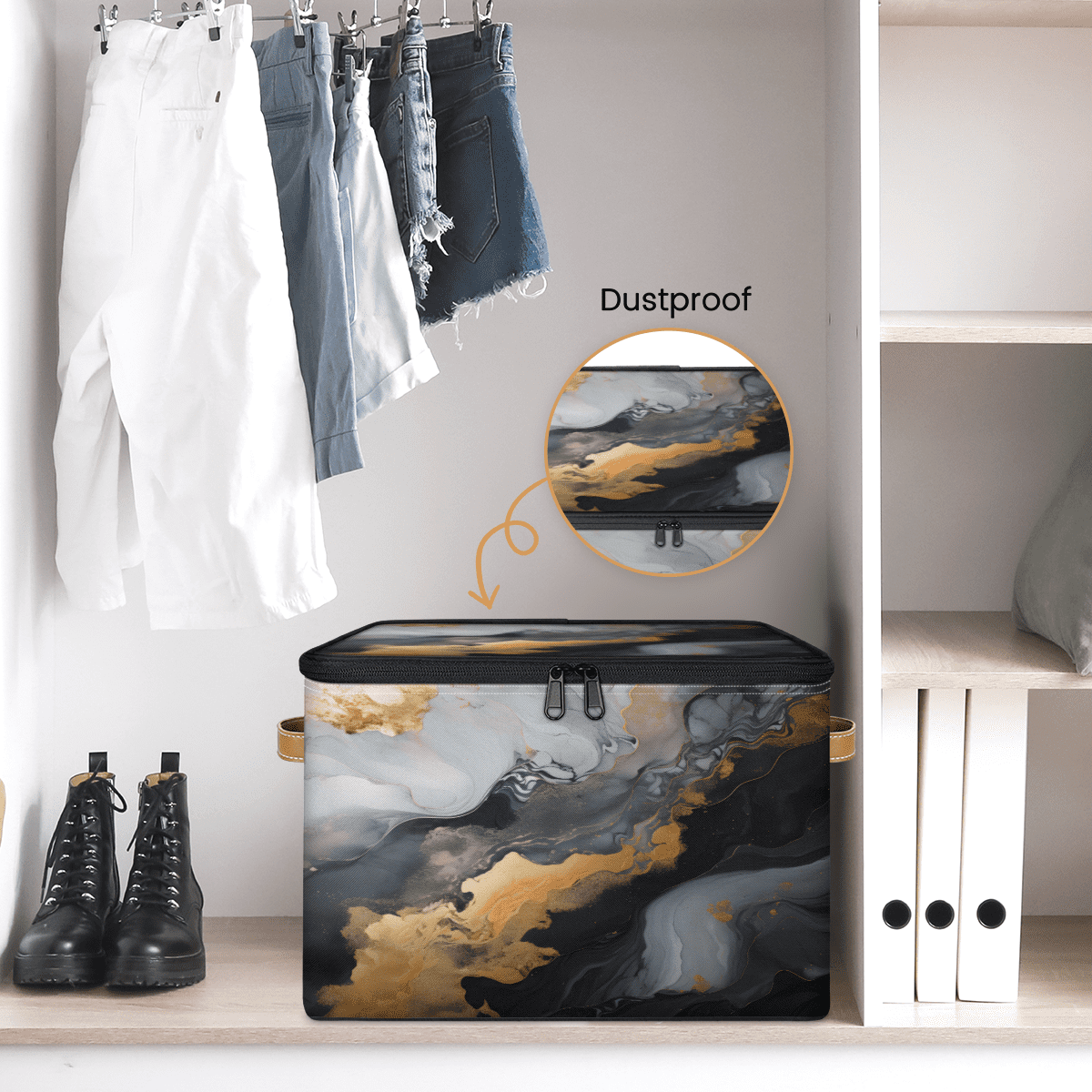 ADECORIVY Marble Design Storage Bin with Zipper Lid, Fabric Storage Baskets Boxes with Handles, Decorative Clothes Organizer Containers for Shelves, Wardrobe, Closet