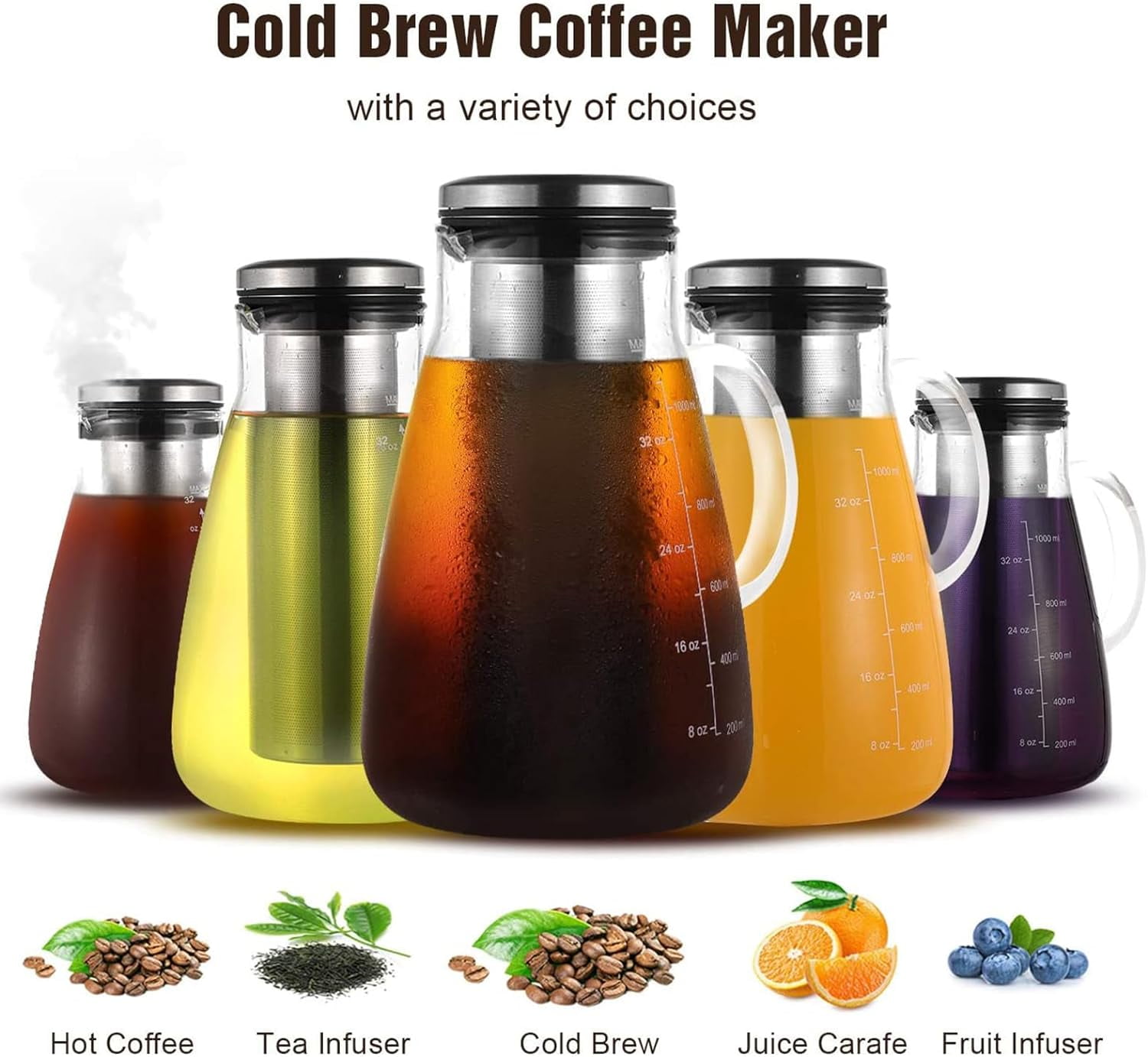 Cold Brew Iced Coffee Maker 51oz, Brewed Coffee Pitcher with Removable Double Mesh 304 Stainless Steel Filter, BPA-Free Glass Container and Tea Maker
