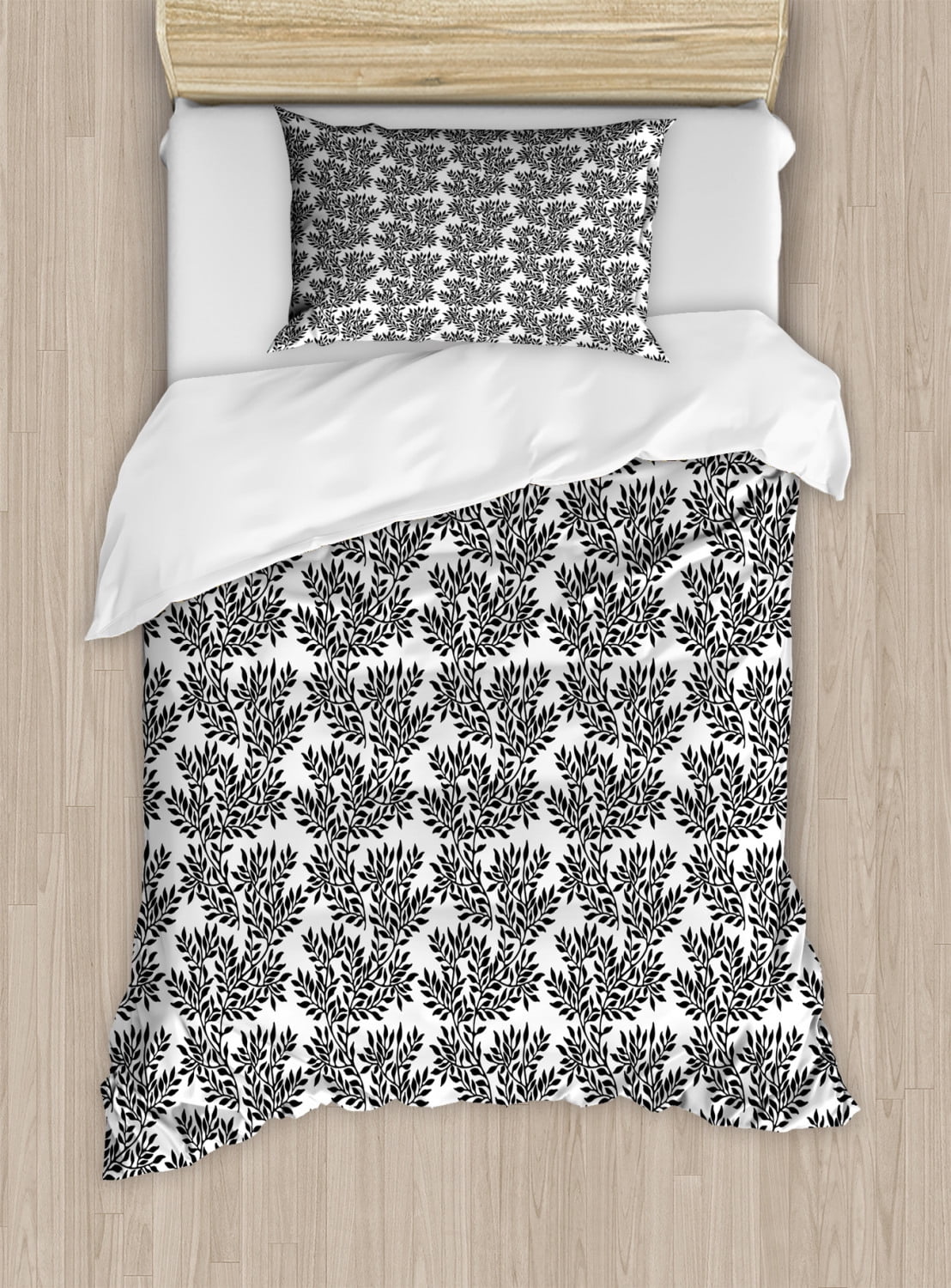 Black and White Twin Size Duvet Cover Set, Foliage Plant in Monochromatic Style with Curvy