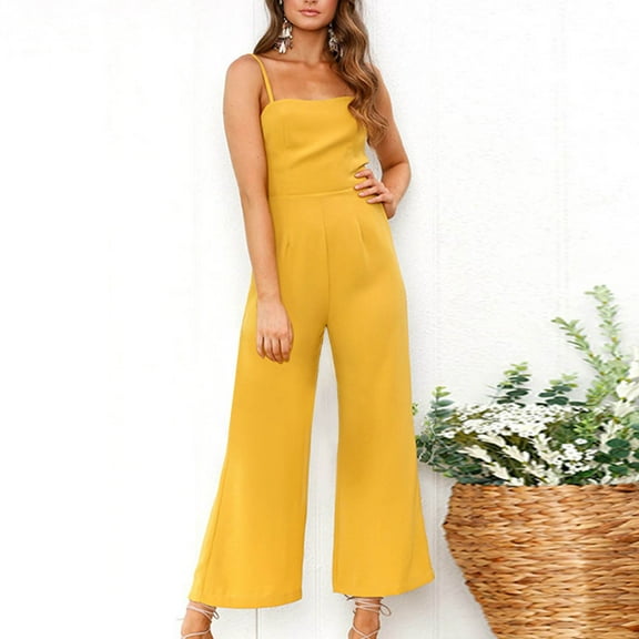 Yotami Womens Jumpsuits Dressy Summer Wide Leg Cotton Linen Rompers with Belt Loose Fit Solid Color Sleeveless Suspender Jumpsuits, Yellow, XL