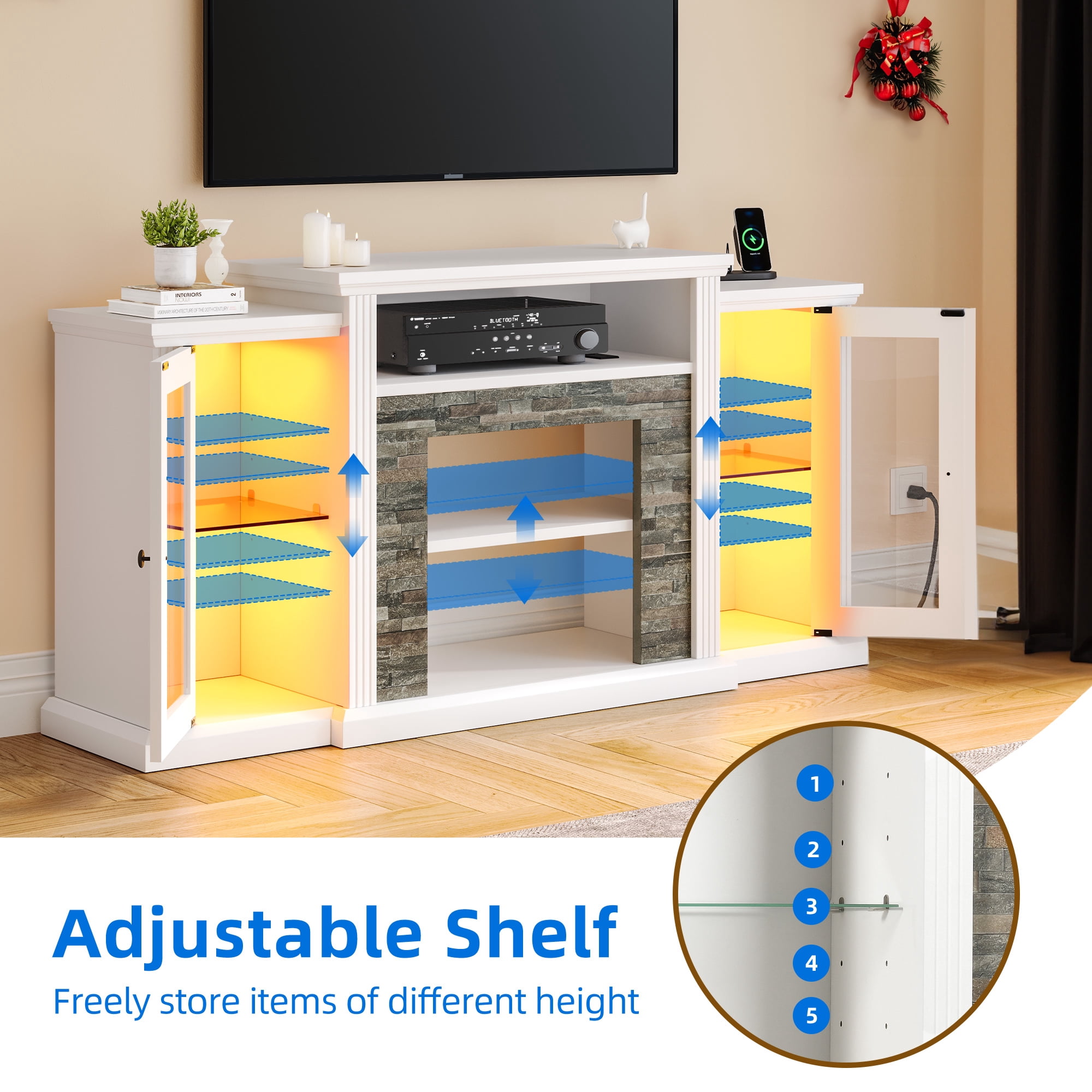 Uforic LED TV Stand w/Power Outlets for 65 55 Inch TV, TV Console Entertainment Center, White