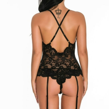 

nsendm Women Lace V-Neck Lingerie Jumpsuit Bodysuit Sleepwear Lingerie Underwear Lingerie for Women Open Underwear Black XX-Large