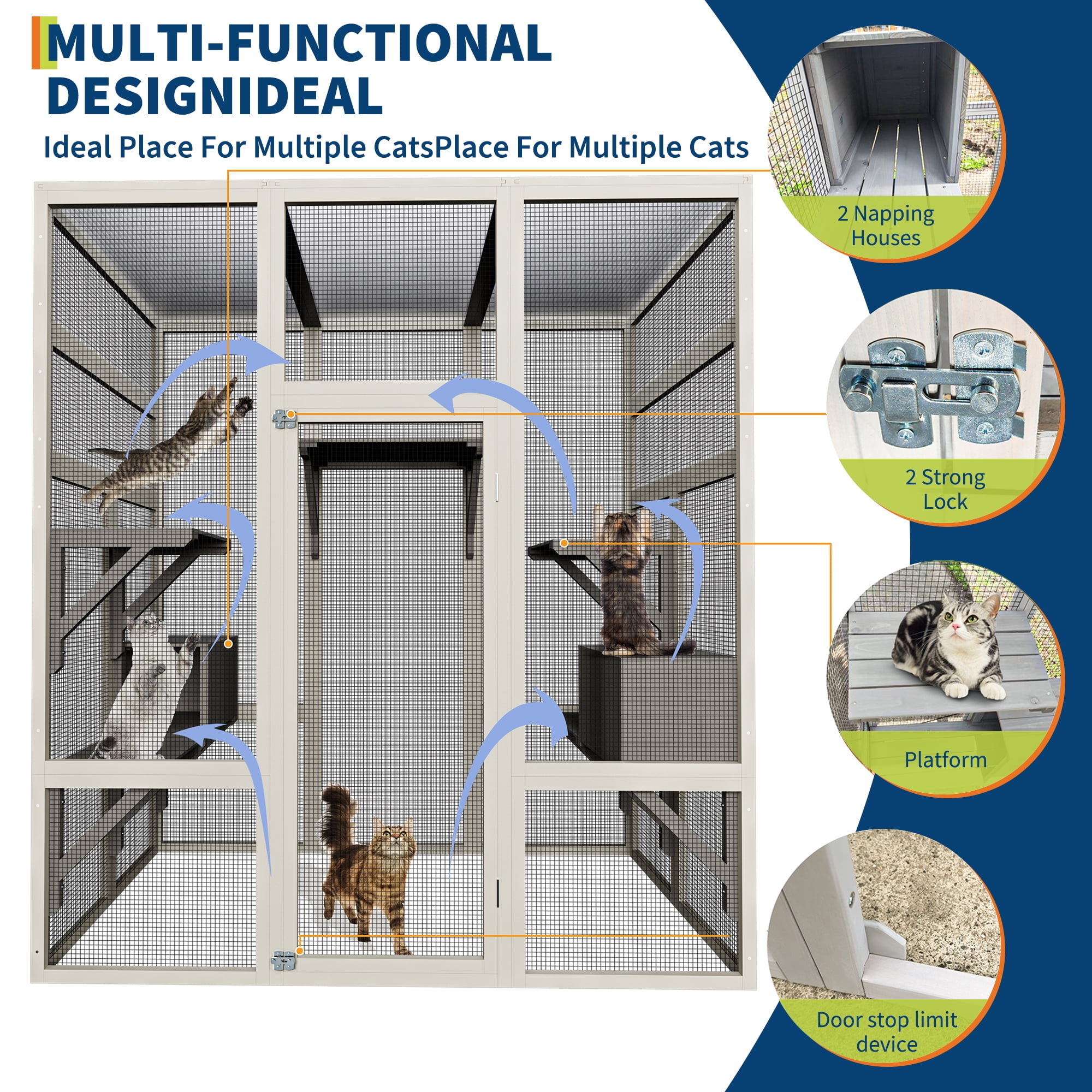 Catio Outdoor Cat Enclosure with 7 Platforms, 2 Resting Boxes, Large Window Cat House for 4-6 Mulitiple Cats Walk in Kitty Cage 70"
