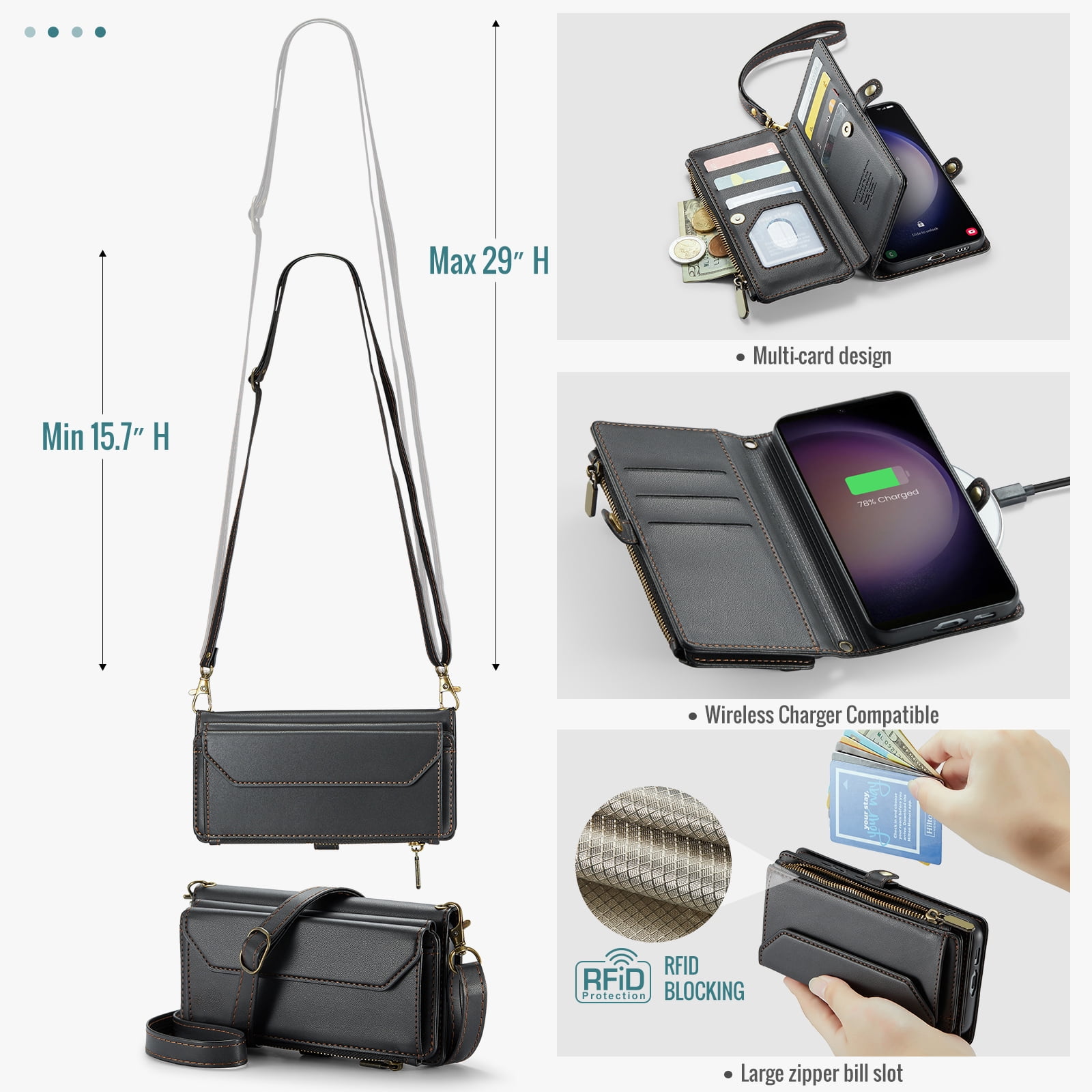 Compatible with Samsung Galaxy S23 Plus S23+ 5G Zipper Wallet Phone Case Tempered Glass Screen Protector Crossbody Lanyard Strap Flip Card Holder Slot Cell Cover for S23plus 23S +S 23 23+ Women Black