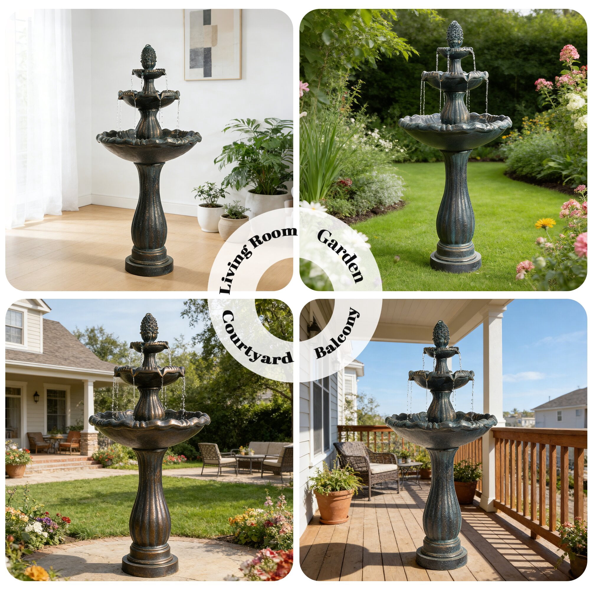 Kaluomm 48" 3-Tiers Outdoor Water Fountain, Italian Pineapple Large Cascading Waterfall Fountains, Weather-Resistant Resin Freestanding Fountain Features for Garden Patio Backyard, Black