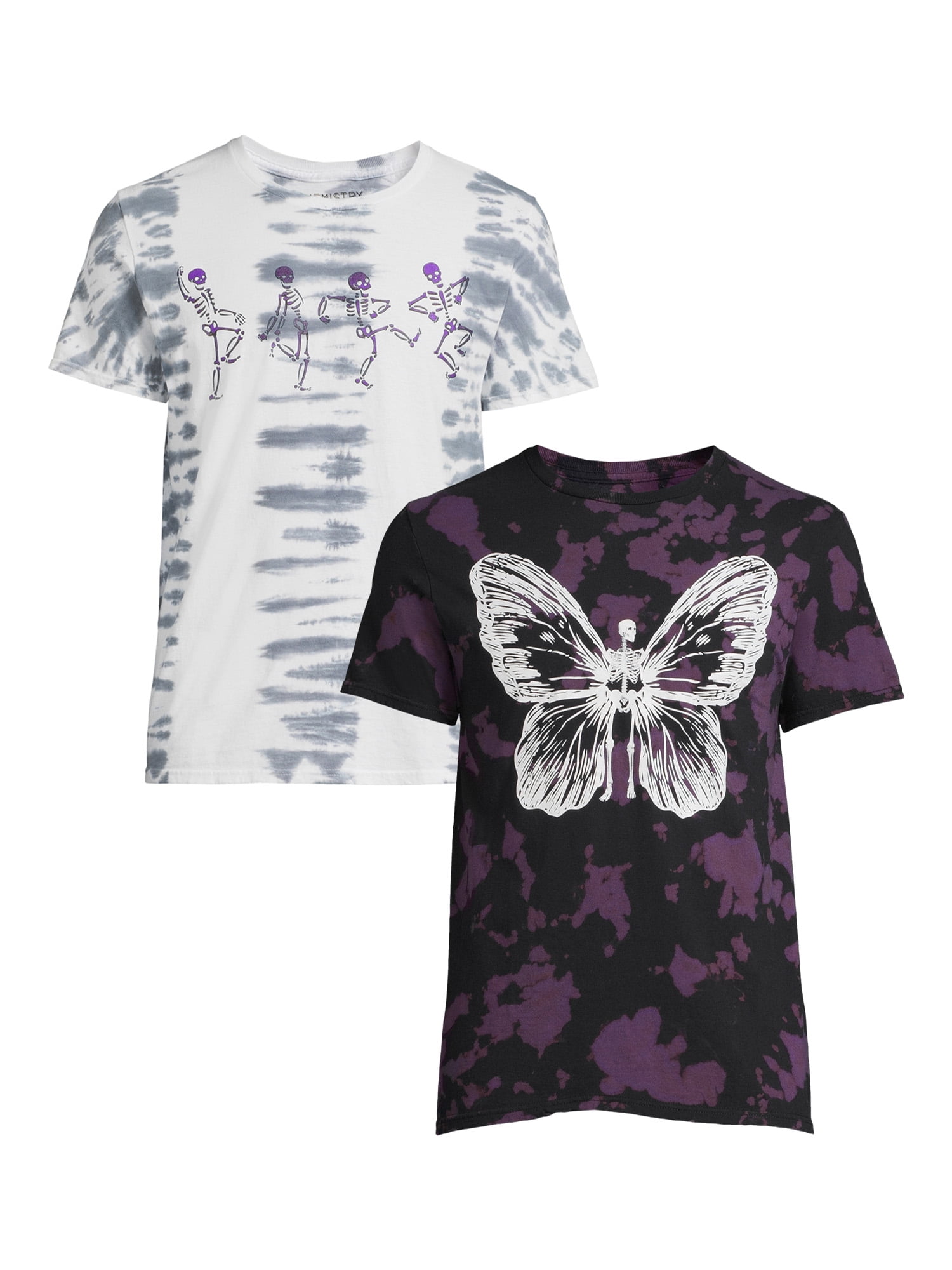 Butterfly and Dancing Skeletons Men's & Big Men's Tie Dye Graphic T-Shirts, 2-Pack