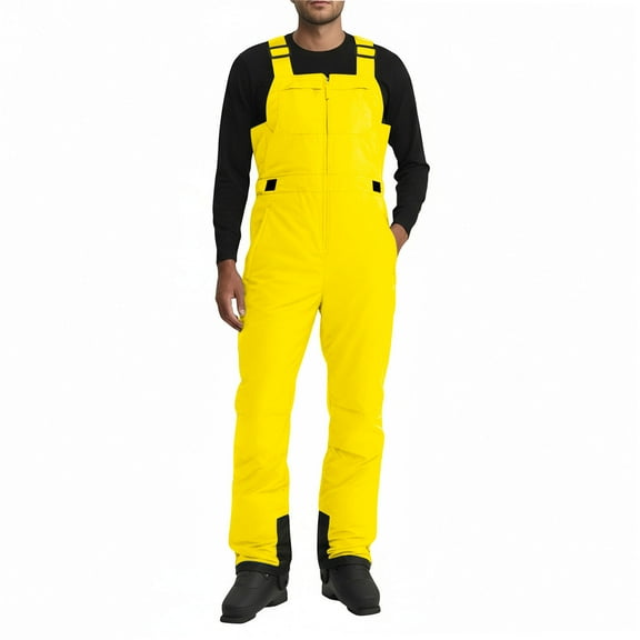 Men's Ski Thermal Bib Snow Pants Sleeveless Windproof Waterproof Adjustable Strap Zip Front Utility Overalls with Pocket Yellow 2XL