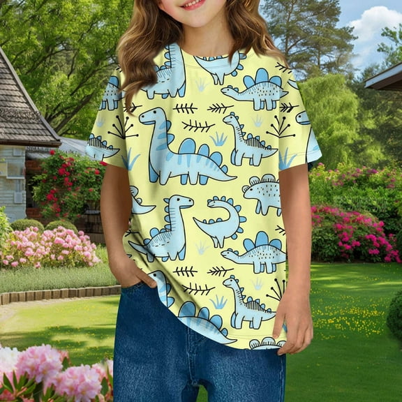 Delliss Girls Boys T-Shirt Dinosaur Print Tops Tees Toddler Summer Short Sleeve Shirt Dinosaur Graphic 3-14Y