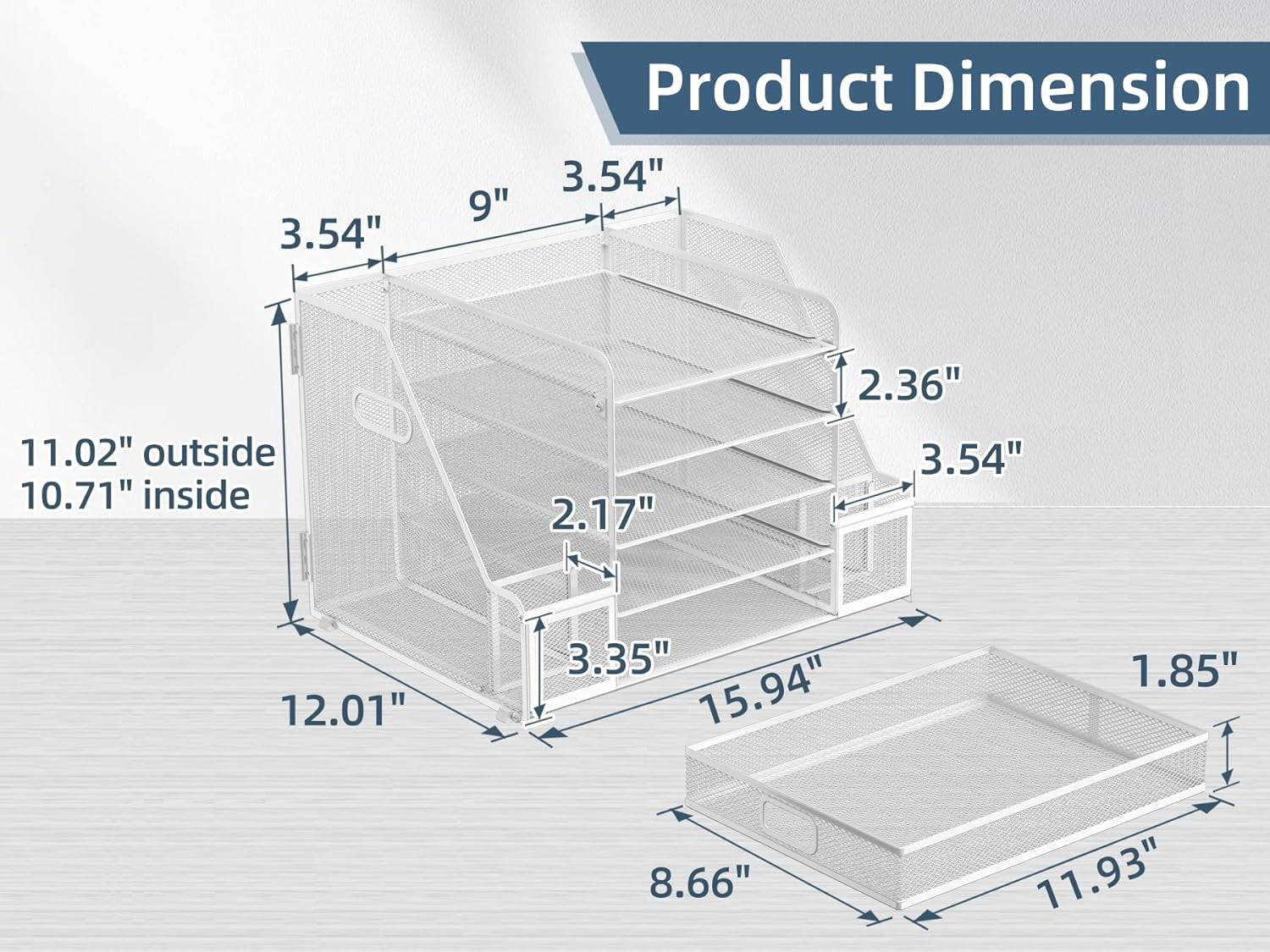 INTIGE 5-Tier Metal Mesh Desk Organizer with File Holder, Pen Holder and Drawer, White