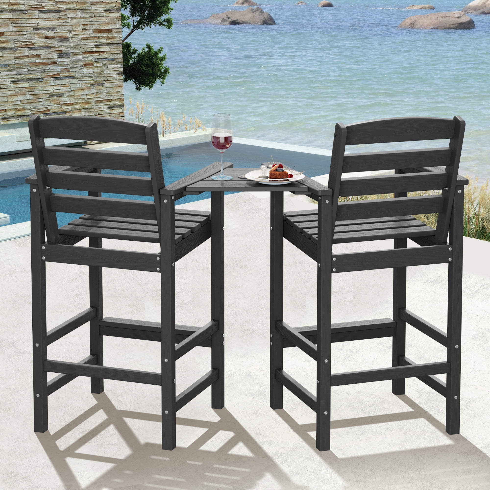 LOYALICE Balcony Chair Set of 2, Outdoor Adirondack Barstools with Connecting Tray, Gray